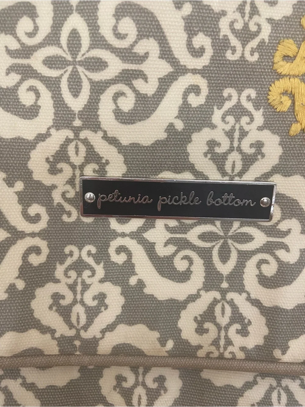 Petunia Pickle Bottom Gray & Cream Patterned Crossbody with Yellow Accent